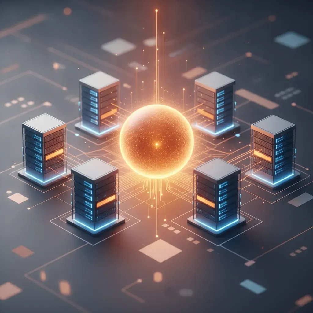A 3D visualization showing a protective light aura surrounding a digital server cluster, symbolizing proactive failure prediction and maintenance.