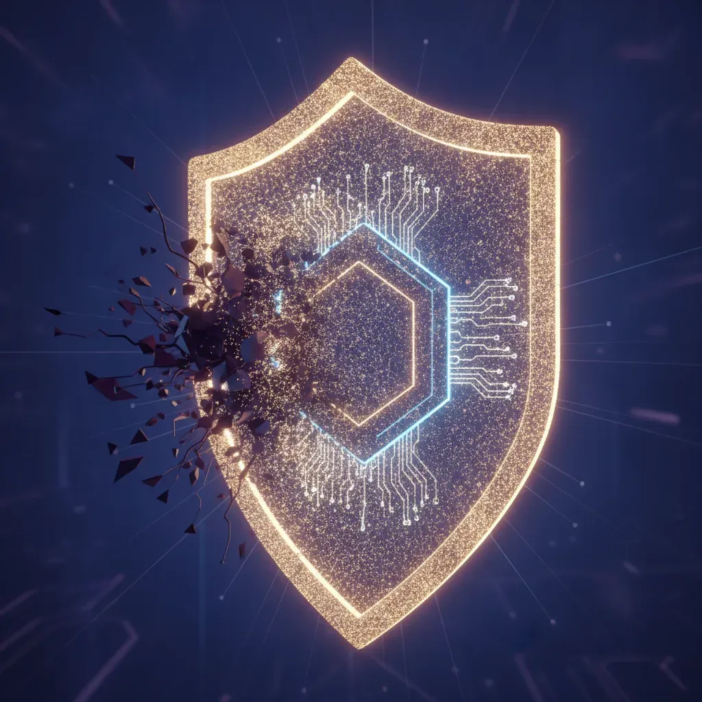 An abstract 3D representation of an AI-powered security layer creating a protective barrier to isolate threats within an IT system.