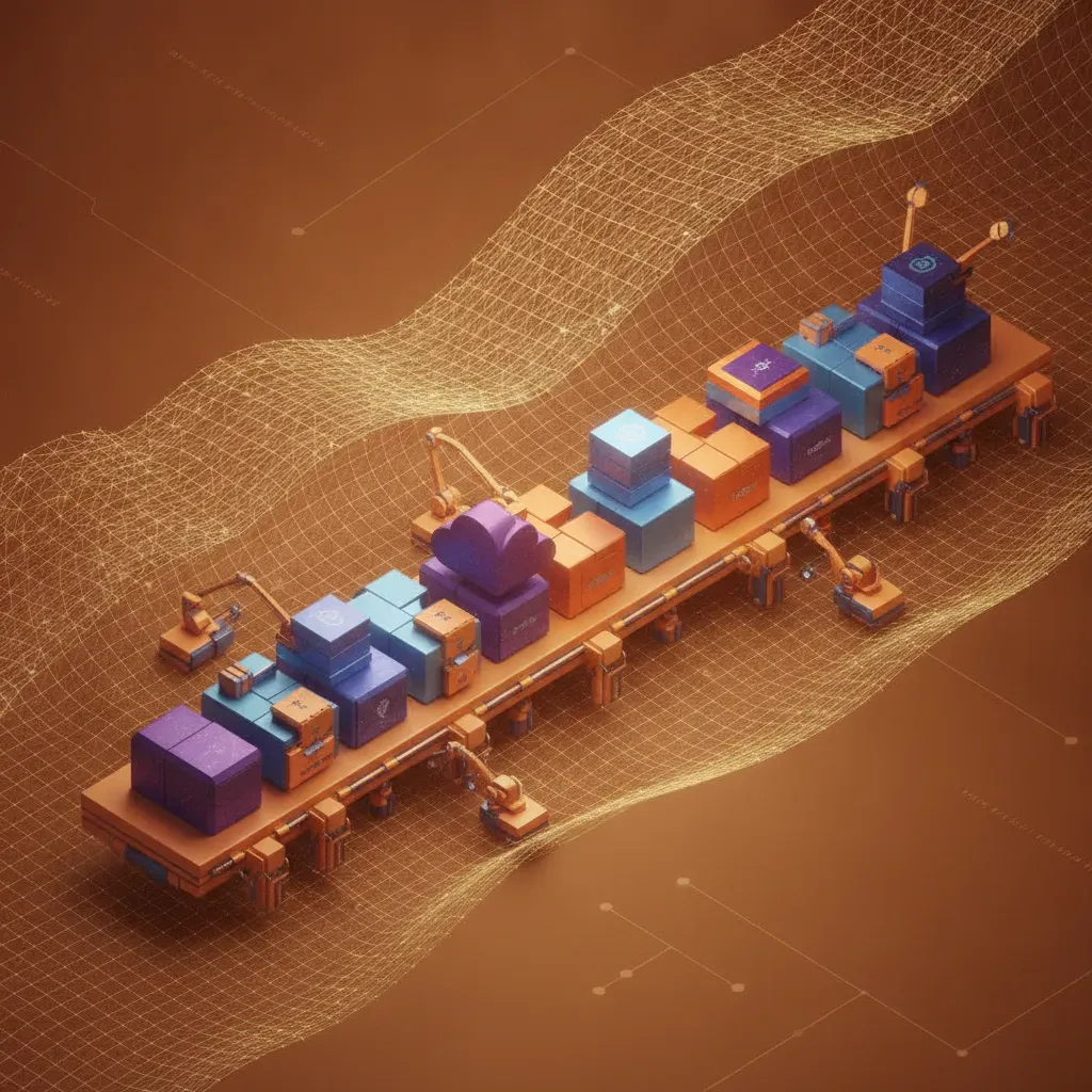 An isometric 3D render illustrating a digital infrastructure pipeline controlled by automated policies, using gold and charcoal tones.