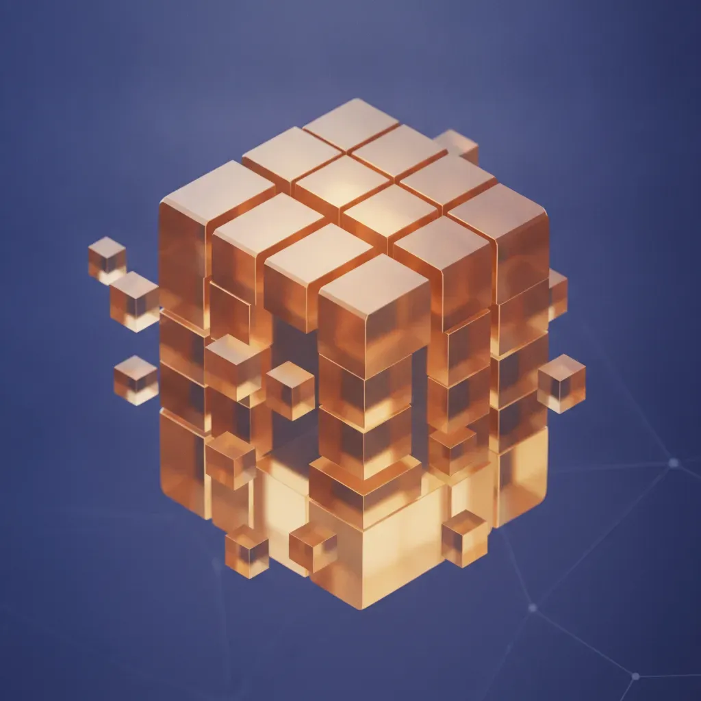 A 3D visualization of data sharding, showing a single large data block being partitioned into smaller, efficient segments.