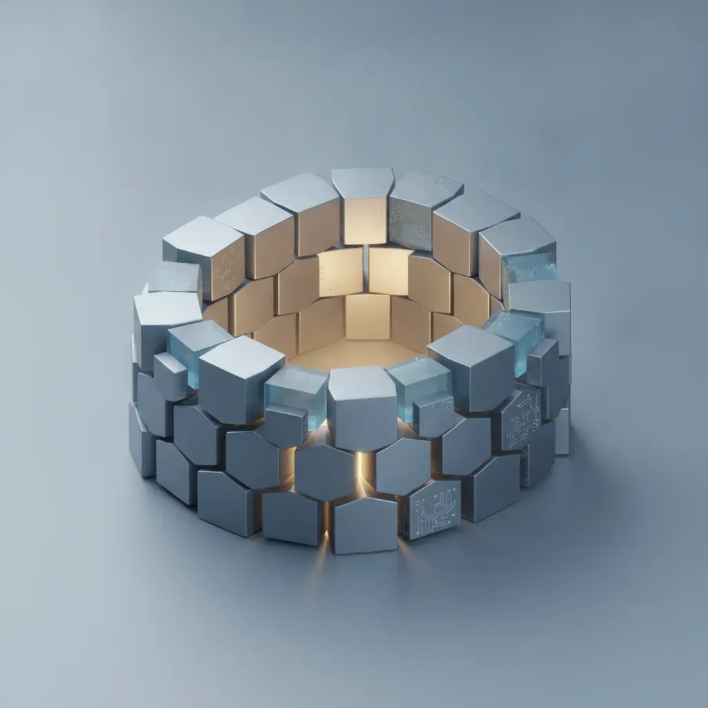 A 3D render of secure, modular architectural blocks, representing policy-driven security and standardization.