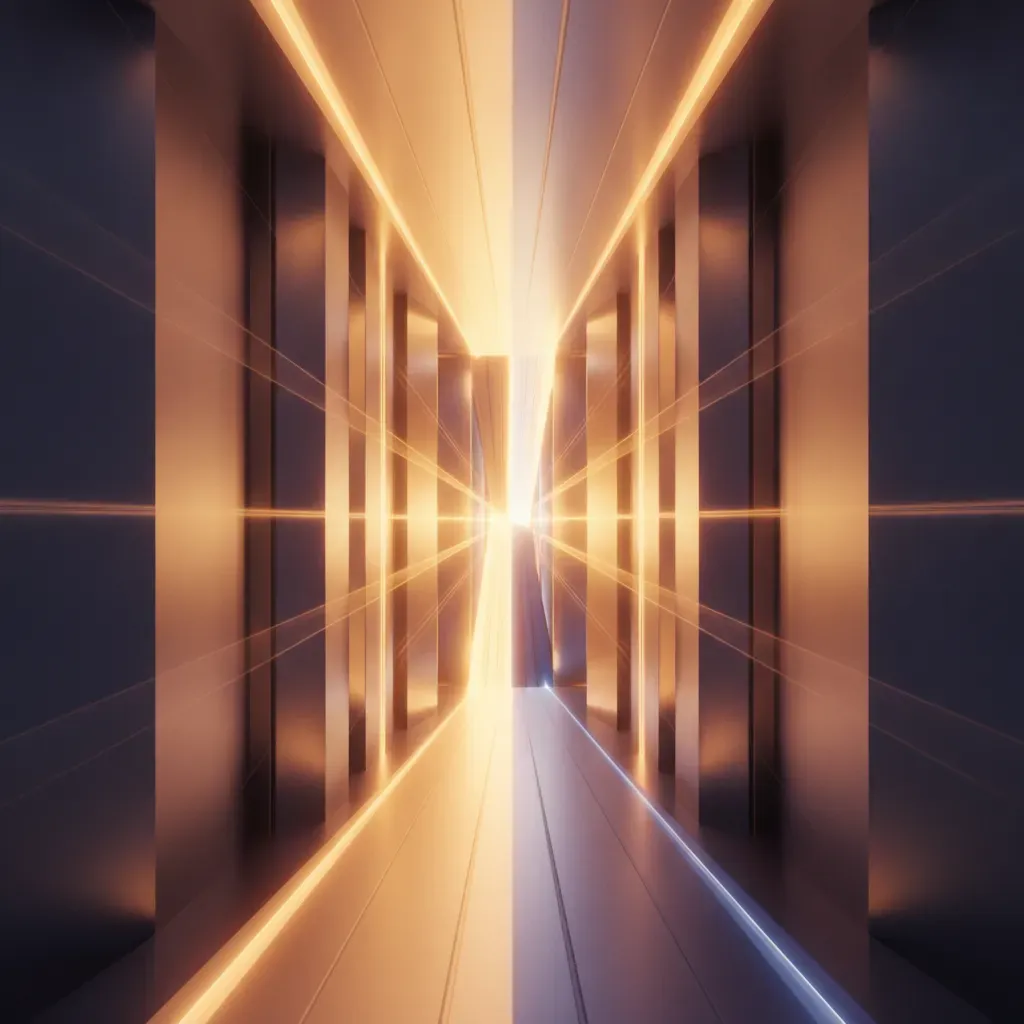 An abstract 3D visualization showing a smart traffic shaping gateway distributing data flow through balanced geometric prisms.