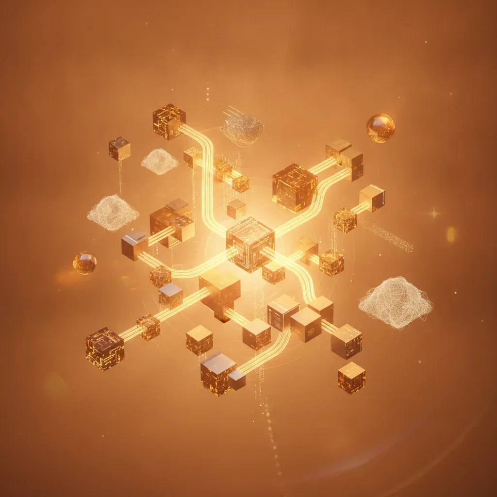 A visualization of Kronos Dynamics' modular microservices and distributed data processing architecture connected through light paths.