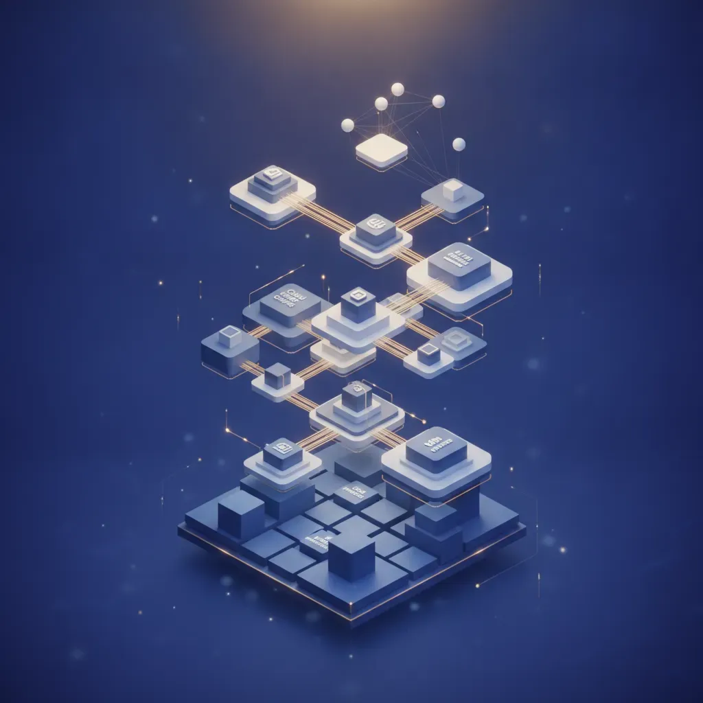 A 3D isometric illustration of a scalable enterprise network architecture supported by Kronos Dynamics, showcasing interconnected and resilient digital modules.