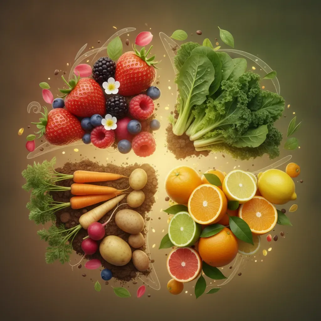 A circular arrangement of seasonal organic fruits and vegetables highlighting the natural cycle of freshness and harvest.