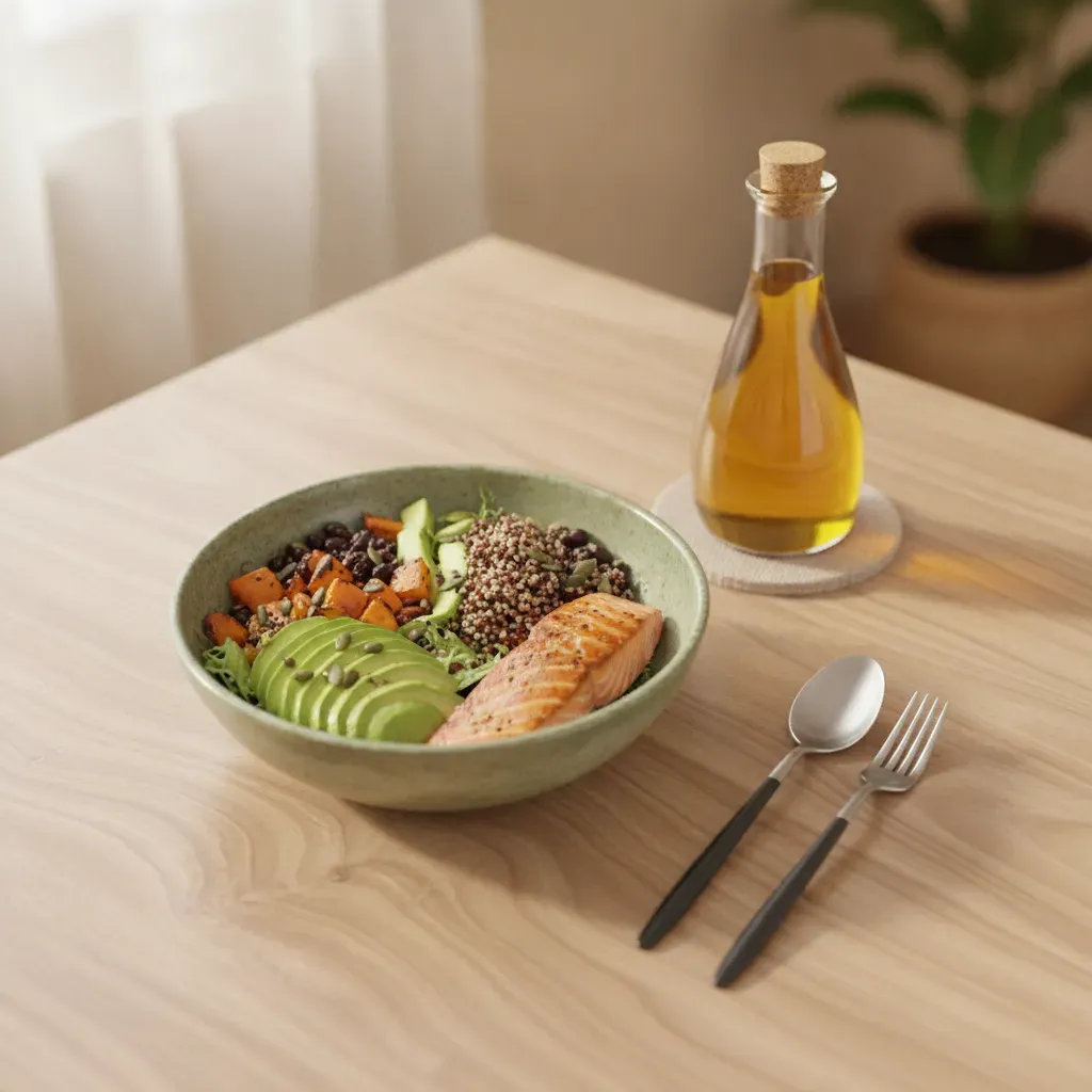 A minimalist, high-end setting of a nutritious meal and cold-pressed oil, representing the intentional and restorative eating practices at Varana Botanica.