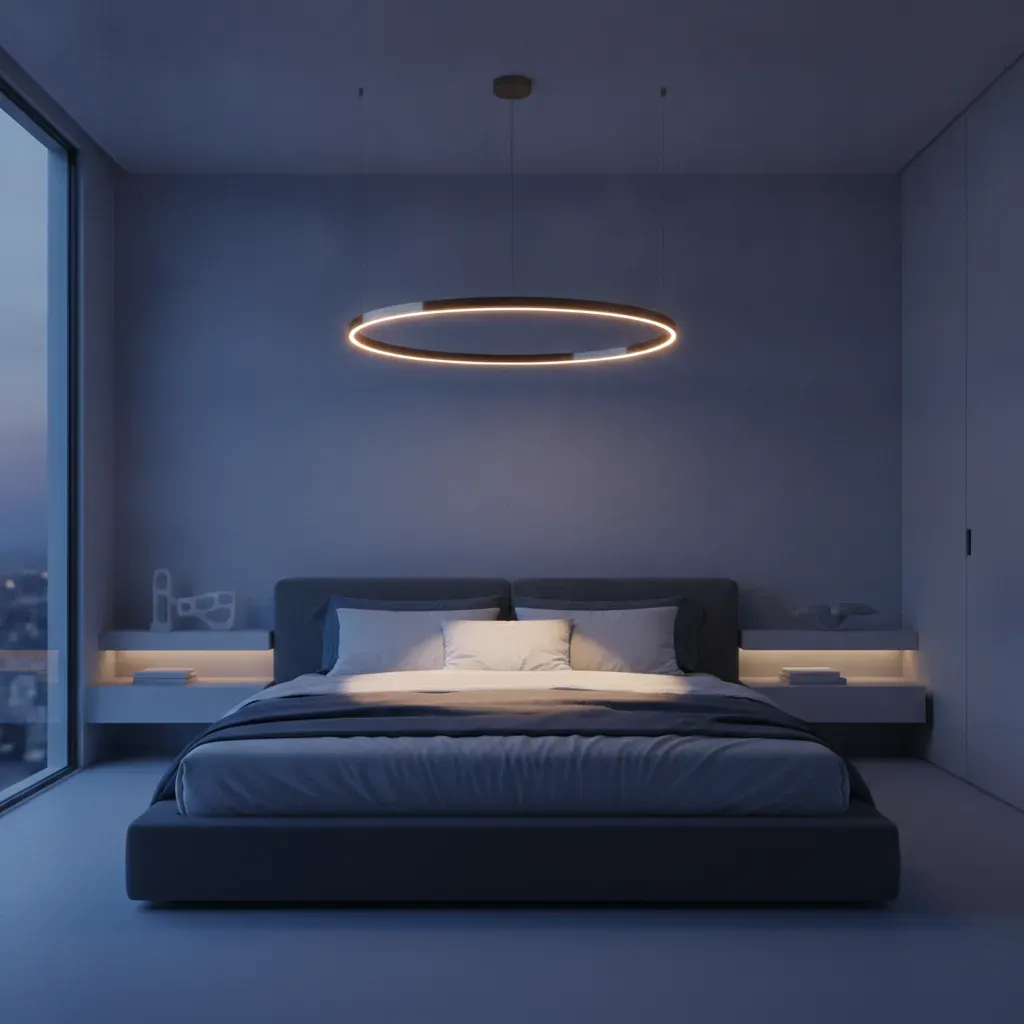 An illustration of a sensory-detoxified bedroom environment with warm lighting and a calm, quiet atmosphere.