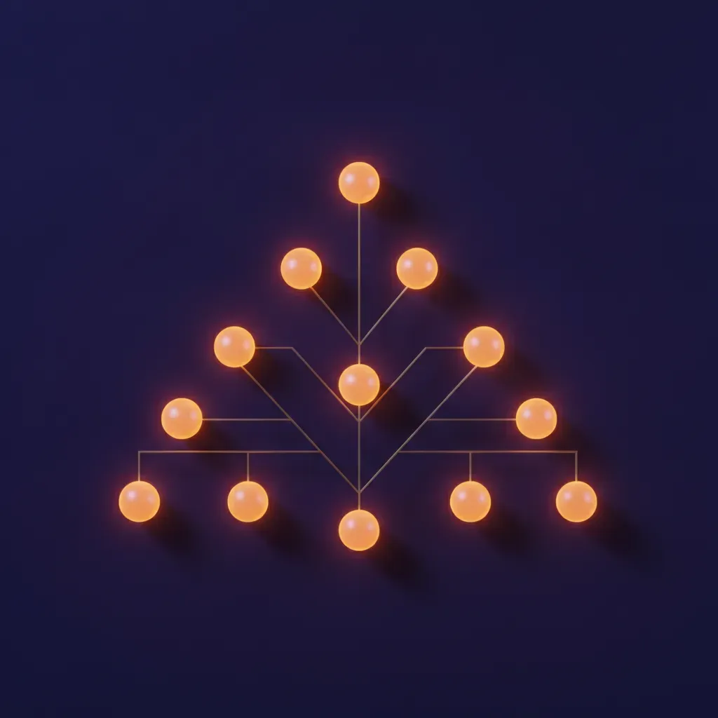 A clean 3D visualization of a hierarchical website structure with glowing nodes, illustrating an organized sitemap for search engine crawlers.