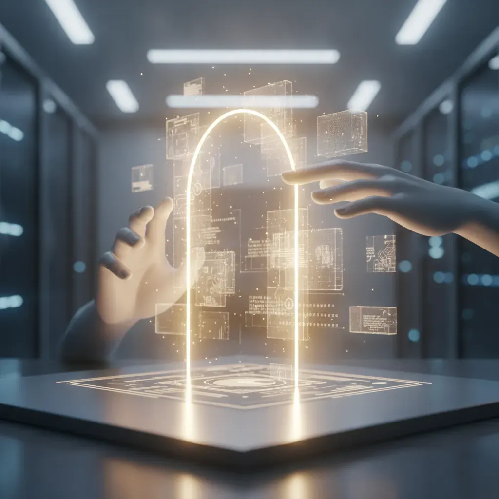 ภาพกราฟิก 3D สื่อถึงกระบวนการทำงานร่วมกันระหว่างผู้ดูแลระบบและ AI (Human-in-the-loop) ใน Ai Create Web