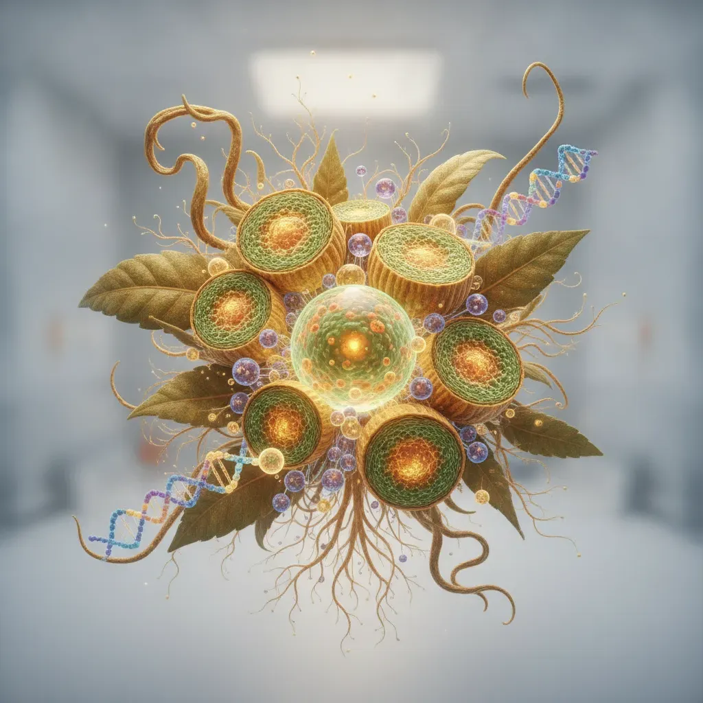 A 3D illustration showcasing the cellular beauty and organic structure of Thai herbs, representing bio-compatibility and natural potency.