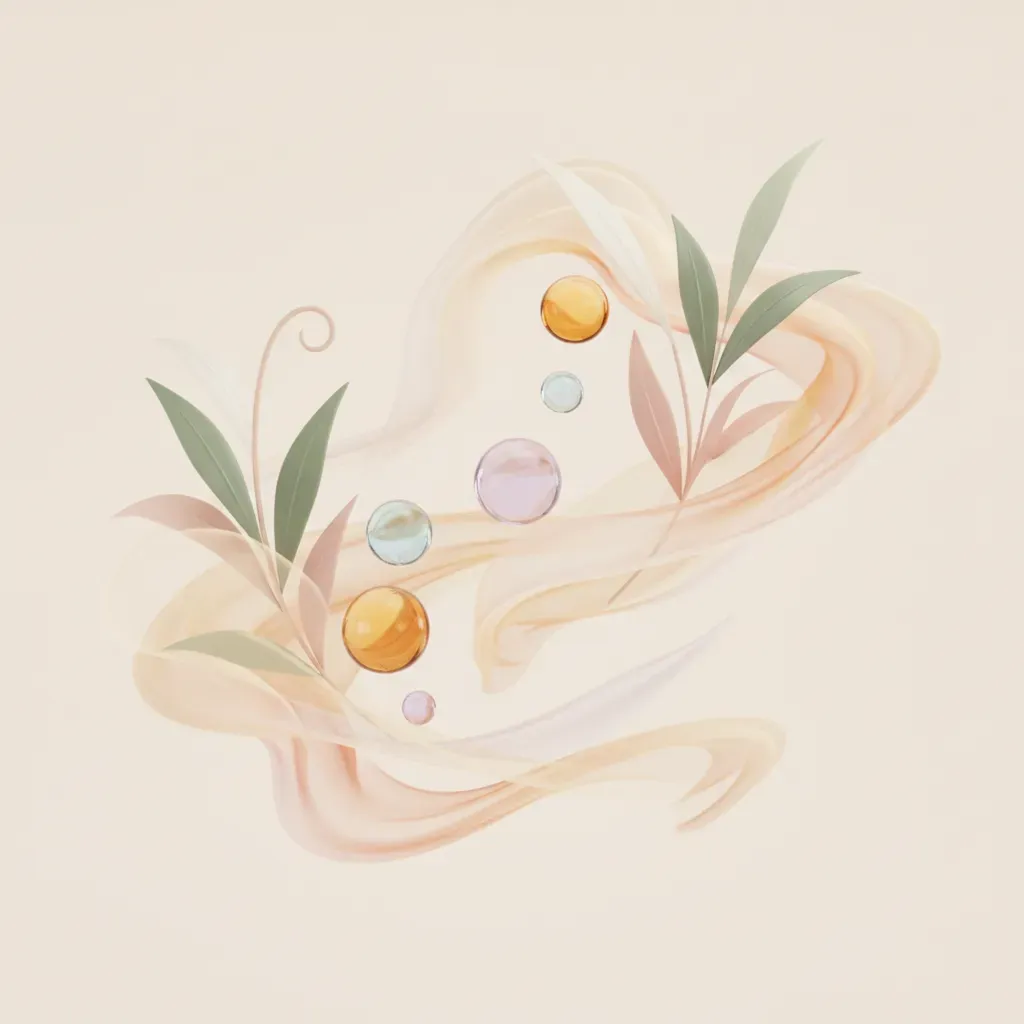 An elegant 3D illustration representing the essence of aromatherapy with floating botanical elements and gentle, calming swirls of vapor.